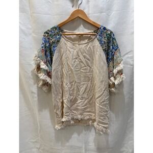 Umgee Floral Patchwork Fringe Linen Blend Top Tan Blue Small